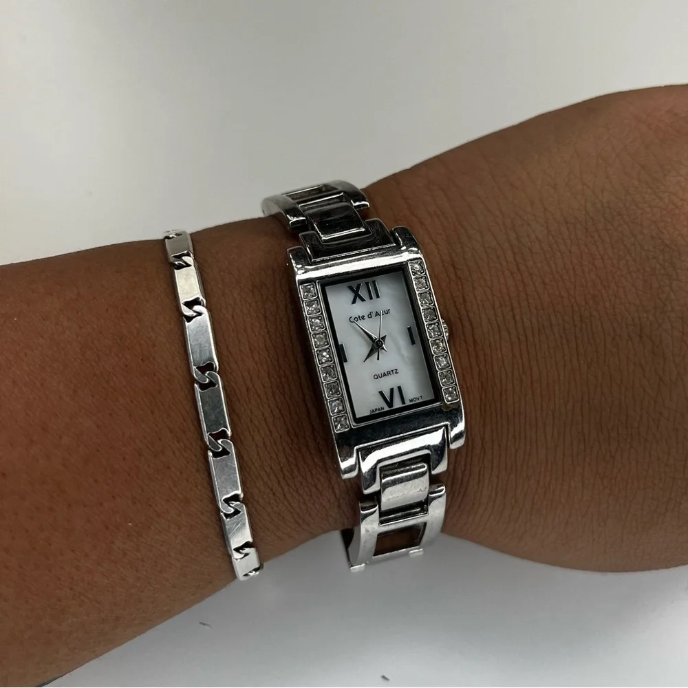 Vintage Cote d’Azur Mother Of Pearl Silver Tone Rhinestone Women’s Watch‎ Dainty